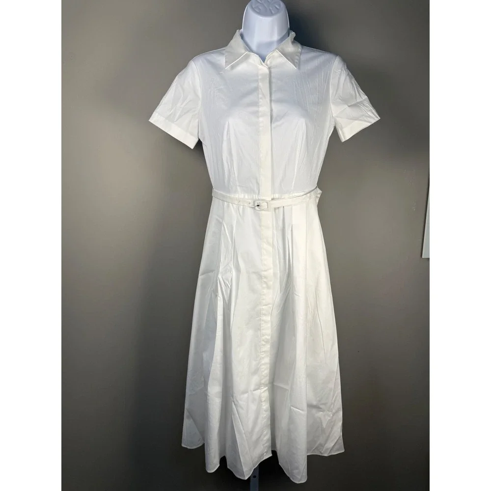 Theory White Cotton Blend Belted Poplin Shirt Dress Midi NWT Size 0 - Picture 3 of 10